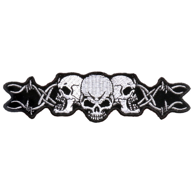 Hot Leathers Barbed Wire Skull Trio patch, 5x1 inches, with skull and barbed wire design on fabric patch.