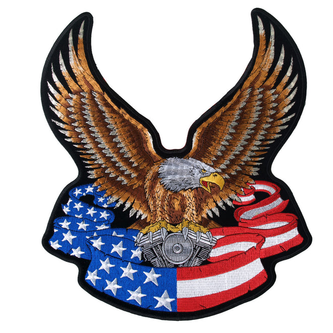 Hot Leathers Eagle Banner American patch, 3x4 inches, featuring a detailed eagle design on fabric for motorcycle or clothing decoration.