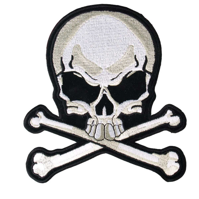 Hot Leathers Skull and Bones patch, 9x10 inches, featuring detailed embroidered skull and bones design on patch fabric.