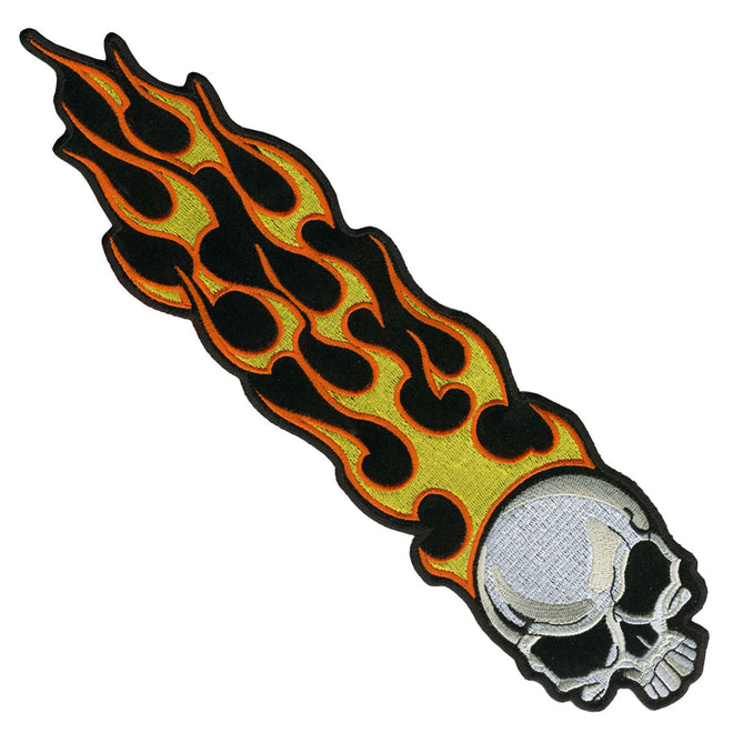 Hot Leathers long flaming skull patch with flames, 1" x 5", designed for motorcycle apparel and accessories.