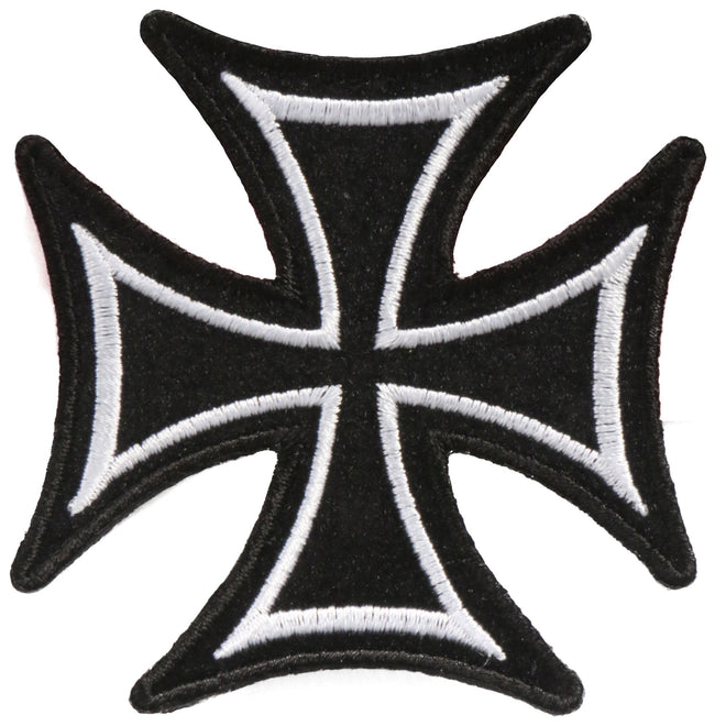 Hot Leathers Skinny Iron Cross patch, 3x3 inches, featuring a bold iron cross design on black fabric.