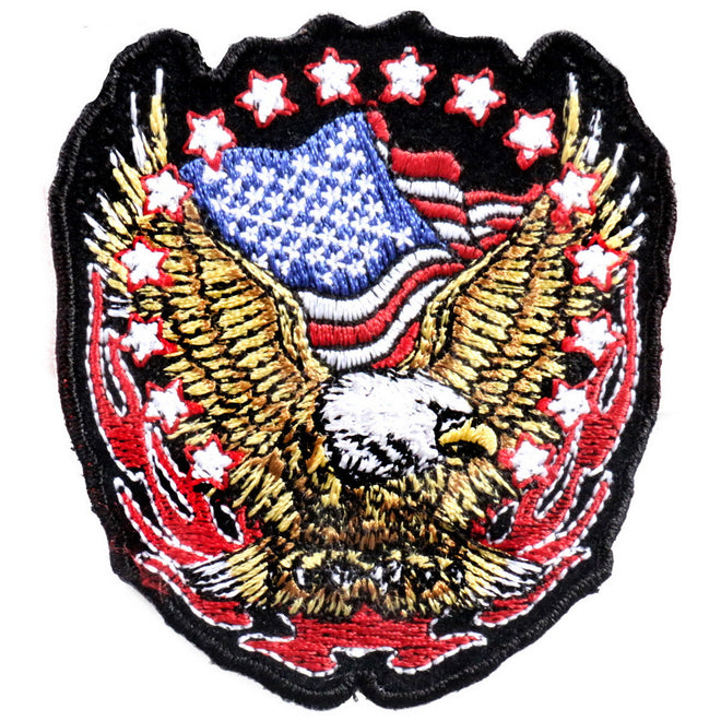 Hot Leathers Eagle Flag and Stars patch, 3x3 inches, featuring patriotic design with eagle and American flag elements.