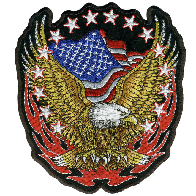 Hot Leathers eagle flag and stars patch, 11x12 inches, featuring patriotic design with bold eagle and American flag elements.
