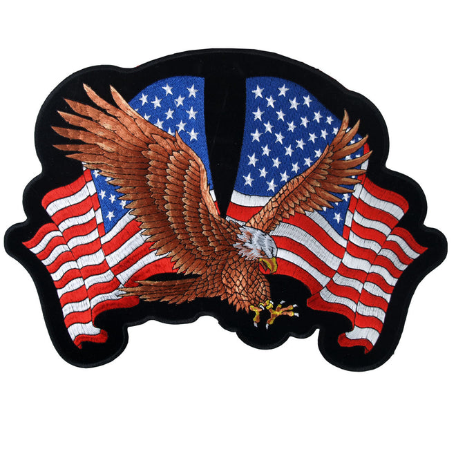 Hot Leathers Eagle 2 Flags patch, 12x8 inches, featuring detailed eagle and flag design, ideal for motorcycle gear and apparel.