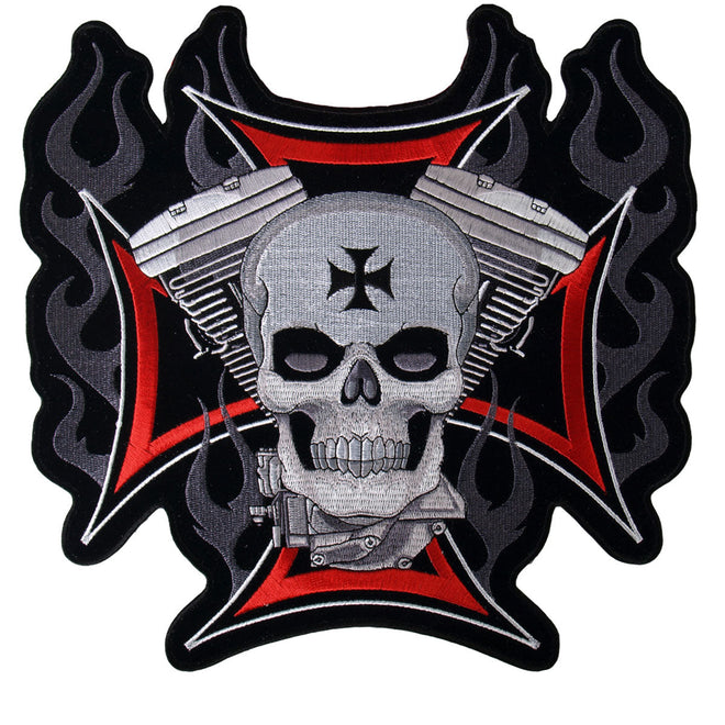 Hot Leathers embroidered patch featuring a cross, motor, and skull design, measuring 11x11 inches, with detailed stitching.