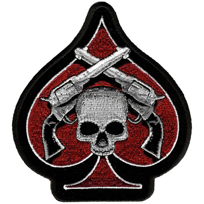 Hot Leathers skulls and pistols patch, 4x4 inches, featuring detailed skull and pistol design for motorcycle or biker apparel.