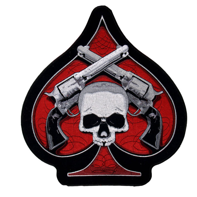 Hot Leathers Skull and Pistols patch, 10x11 inches, with detailed embroidered design featuring skulls and pistols.
