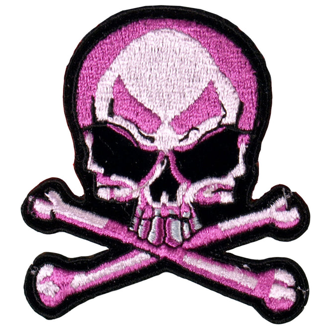Hot Leathers Pink Skull and Crossbones patch, 3x3 inches, featuring bold skull and crossbones design on black background.
