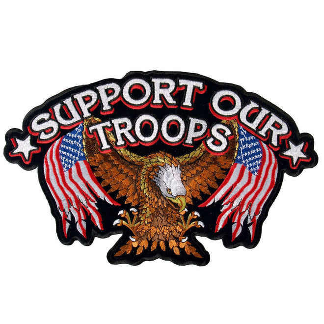 Hot Leathers Support Our Troops patch, 4x3 inches, featuring patriotic design and bold lettering on fabric background.