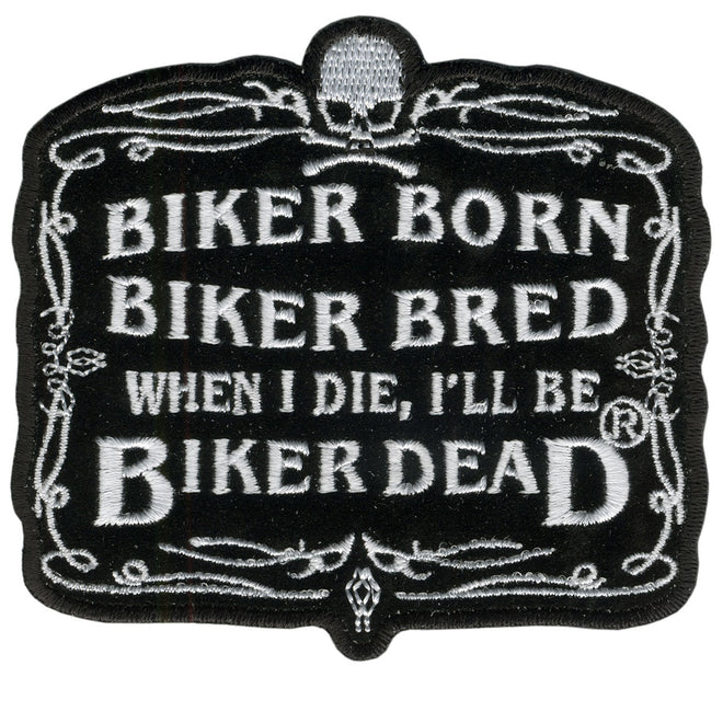 Hot Leathers Biker Born patch, 4x3 inches, featuring bold design on fabric background, ideal for motorcycle gear or jackets.