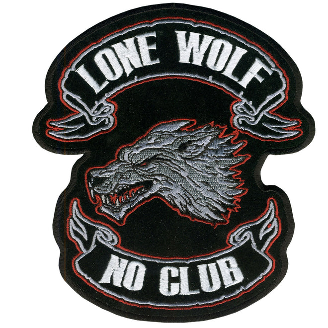 Hot Leathers Lone Wolf No Club patch, 13x15 inches, black and white fabric patch with wolf design and bold lettering.
