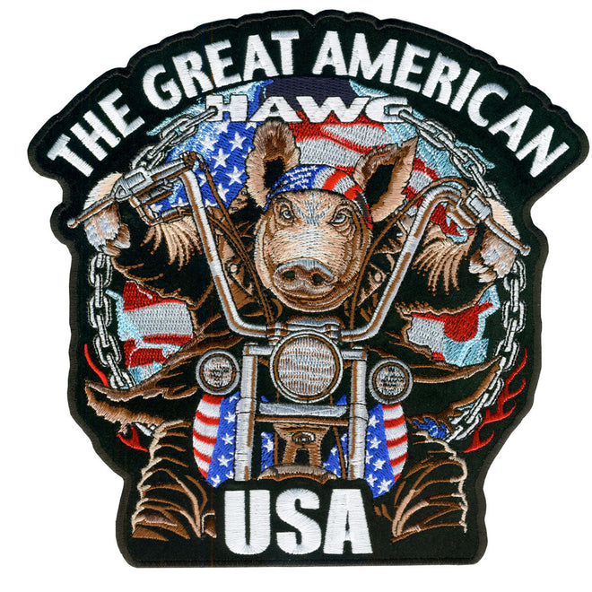 Hot Leathers Great American Hawg patch, 4x4 inches, featuring patriotic motorcycle design, ideal for jackets or vests.