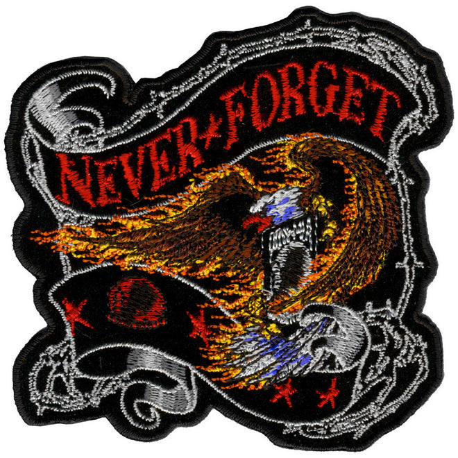 Hot Leathers Never Forget Eagle patch, 12x12 inches, with detailed eagle design on fabric patch for jackets or vests.