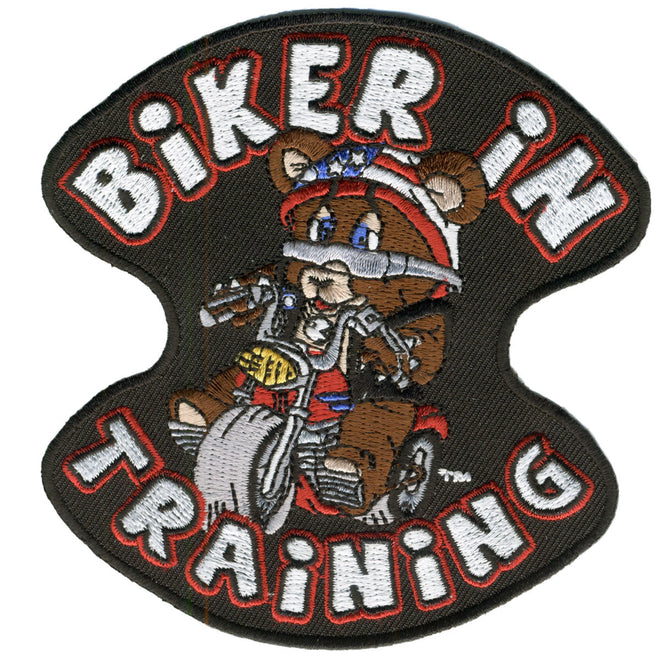 Hot Leathers Biker In Training patch with 4x4 inch design featuring bold lettering and biker-themed graphics.