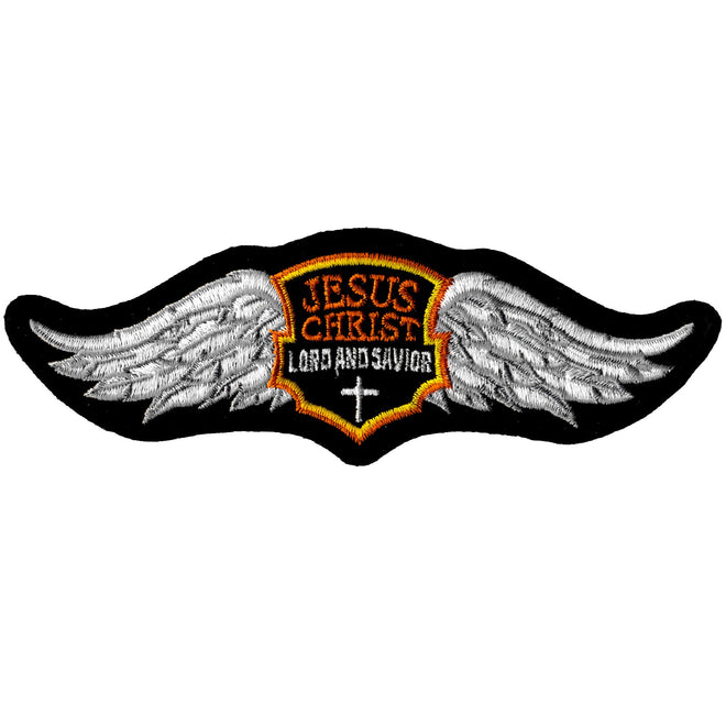 Hot Leathers Jesus Wings patch, 6x2 inches, featuring religious winged Jesus design on fabric patch for clothing or accessories.
