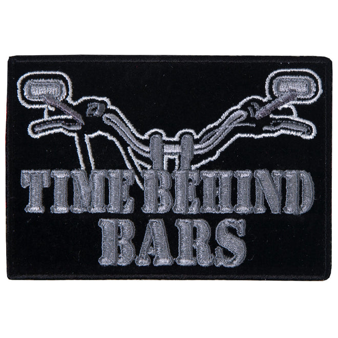 Hot Leathers Time Behind Bars patch, 4x3 inch embroidered patch featuring motorcycle-themed design, for jackets or gear.