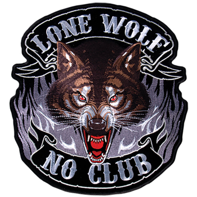 Hot Leathers Lone Wolf patch with no club insignia, 5x5 inches, featuring a detailed wolf design on fabric patch.