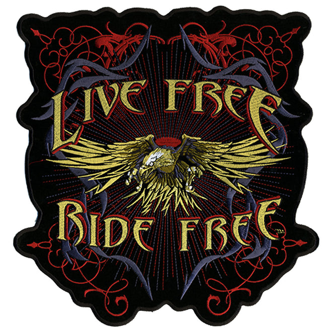 Hot Leathers Evil Eagle Live Free patch with eagle and text design, 12x12 inches, for motorcycle or denim jackets.