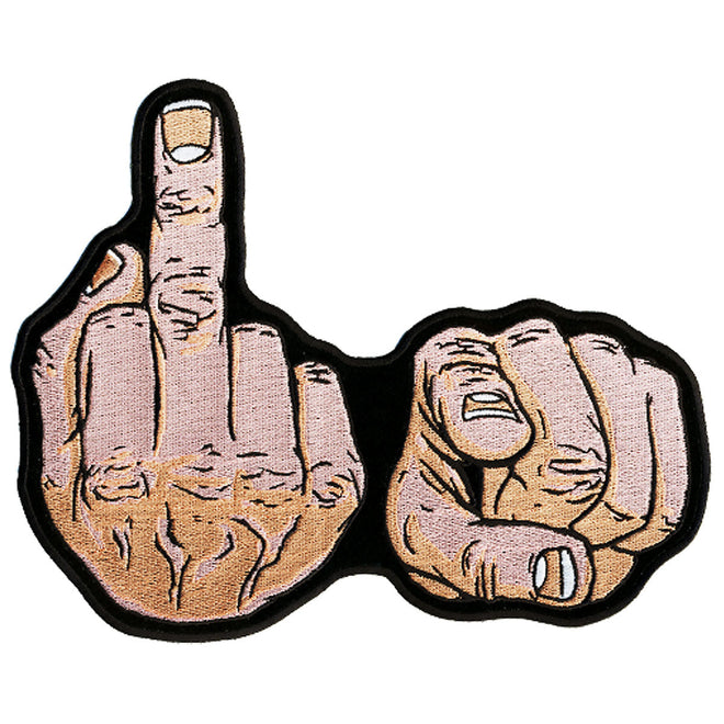 Hot Leathers F.U. Hands 4x4 inch patch showing bold black and white design for motorcycle jackets or gear.