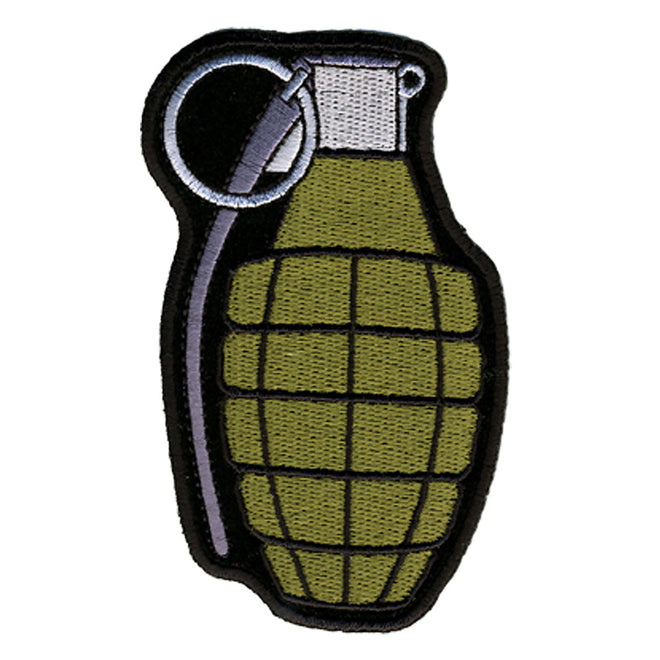 Hot Leathers Hand Grenade patch featuring military-style design, 2"x4" size, sewn onto fabric for biker or motorcycle apparel.