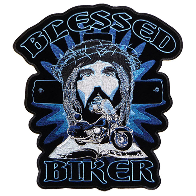 Hot Leathers Blessed Biker patch measuring 3x4 inches, featuring detailed embroidered design, ideal for motorcycle gear and apparel.