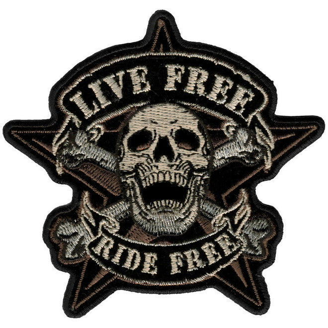 Hot Leathers Live Free Skull biker patch, 4x4 inches, featuring a detailed skull design on black fabric for motorcycle enthusiasts.