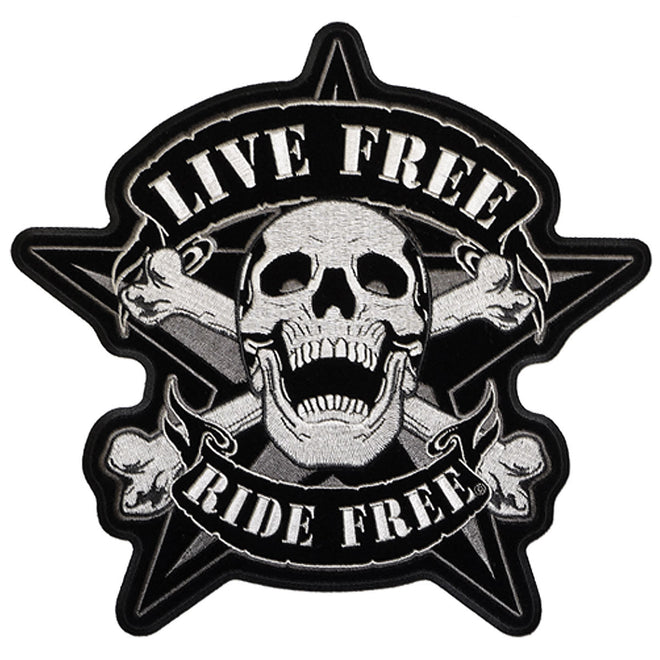 Hot Leathers Live Free Skull Biker patch, 11x11 inches, featuring a detailed skull design on black fabric.