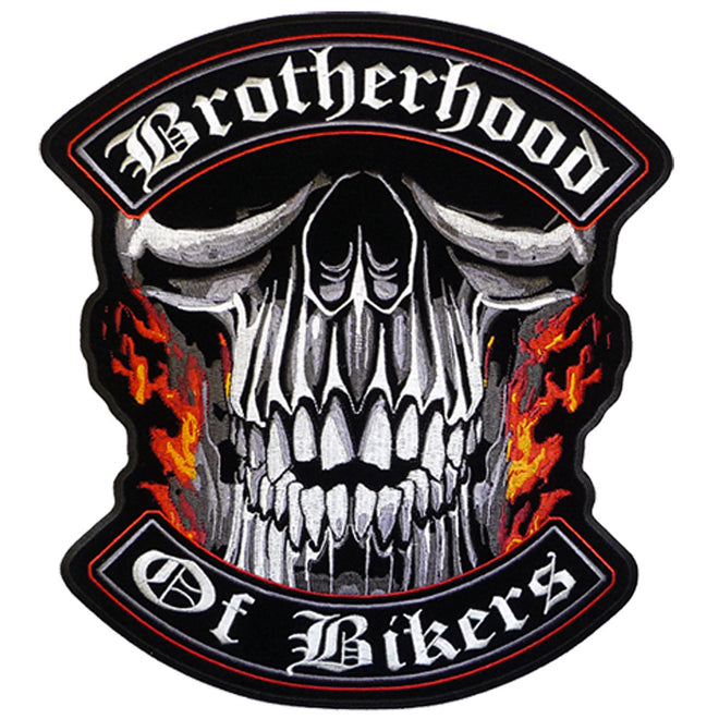 Hot Leathers Brotherhood of Bikers patch, 11"x12" embroidered patch with biker design, suitable for jackets or vests.