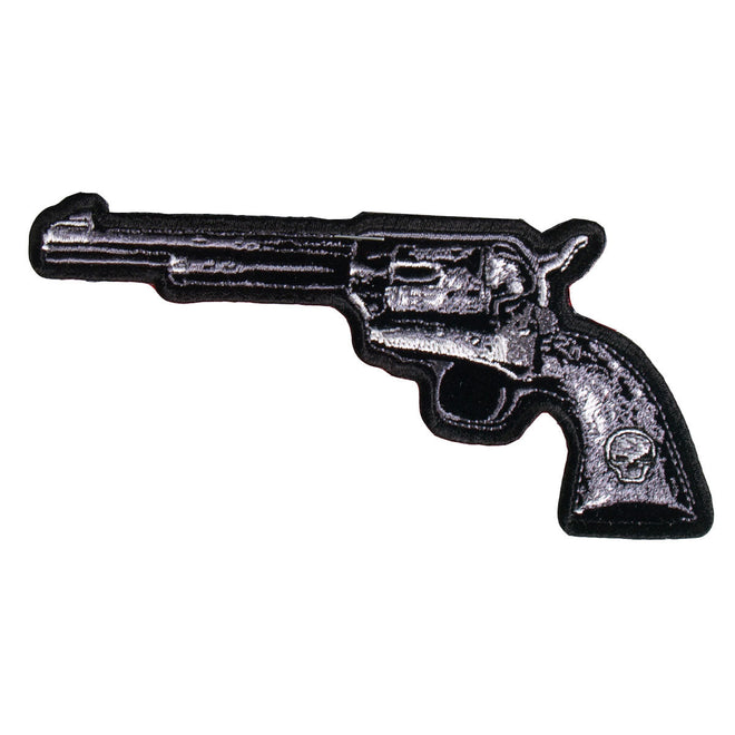 Hot Leathers Revolver left patch, 5x2 inches, featuring a detailed revolver design on a black patch.