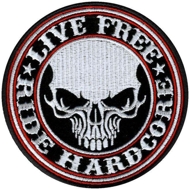 Hot Leathers Live Free Ride Hardcore Skull Patch, 4-inch embroidered patch with skull design for motorcycle jackets and gear.
