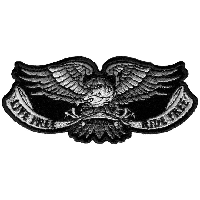 Hot Leathers Live Free Eagle patch, 4x2 inches, featuring a bold eagle design on a black fabric background.