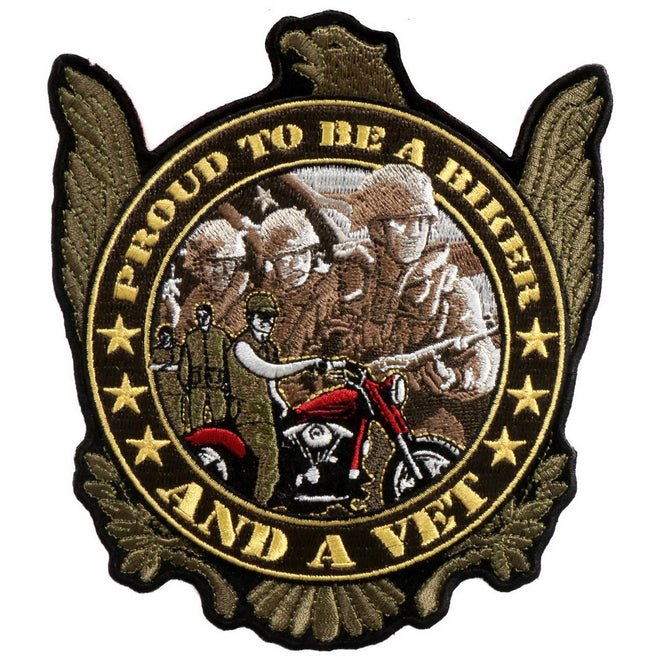 Hot Leathers Proud to be a Biker and Vet patch, 5x6 inches, featuring bold lettering and patriotic design on fabric background.
