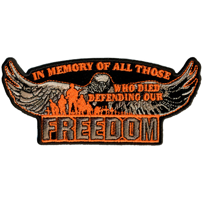 Hot Leathers Defending Our Freedom patch, 5x2 inches, featuring patriotic design on fabric patch for motorcycle or apparel customization.