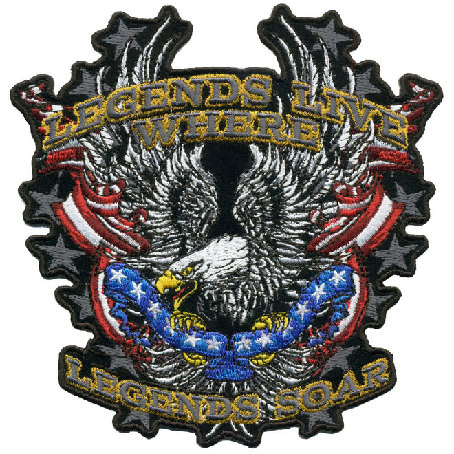 Hot Leathers Legends Soar Patriotic Eagle patch, 11x11 inches, featuring an eagle with stars and stripes design.