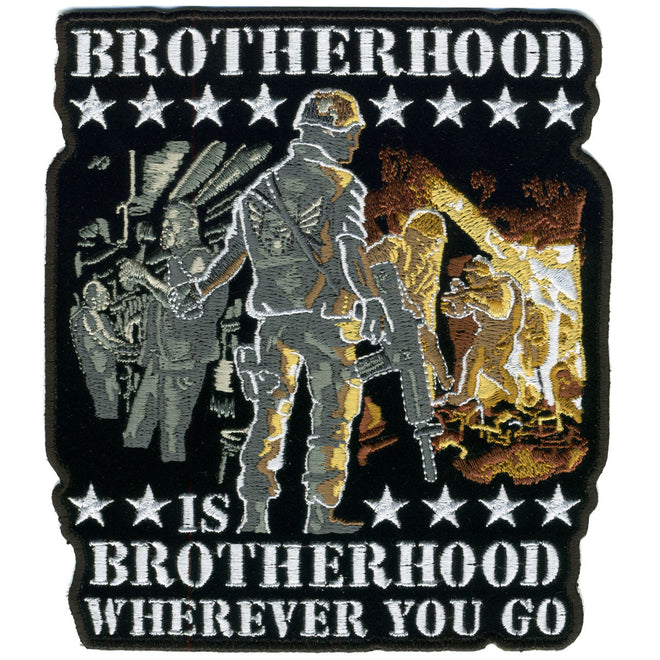 Hot Leathers Brotherhood patch, 10x11 inches, featuring detailed embroidered design on fabric background.
