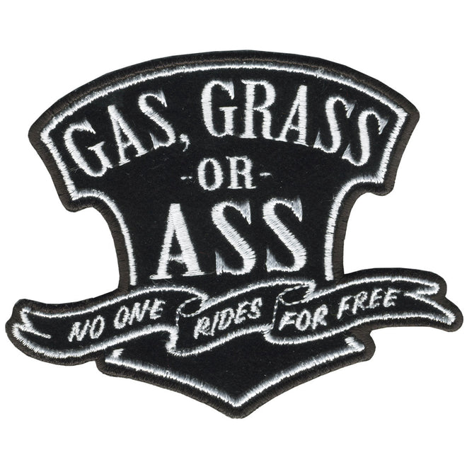 Hot Leathers patch featuring a gas, grass, or ass design, measuring 4x3 inches, with bold colorful artwork on fabric.
