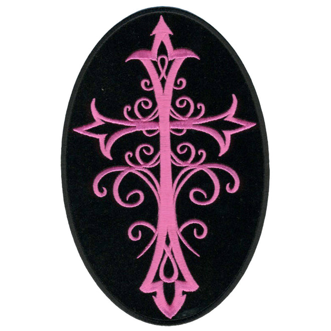 Pink Crucifix patch by Hot Leathers, 3x5 inches, featuring a detailed pink crucifix design on fabric patch.