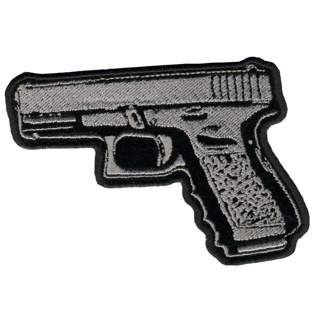 Hot Leathers pistol patch, 4x3 inches, featuring a detailed firearm design on a black background, ideal for motorcycle jackets.