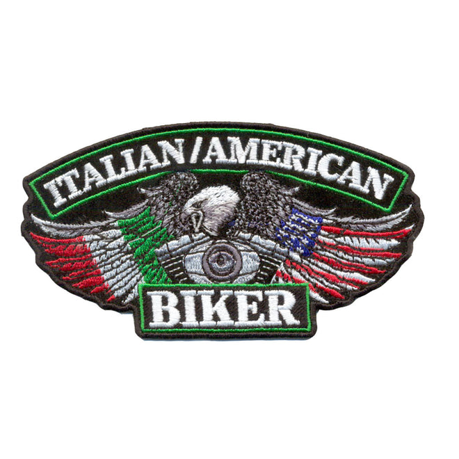 Hot Leathers Italian American biker patch, 5x3 inches, featuring detailed design on fabric patch for motorcycle enthusiasts.