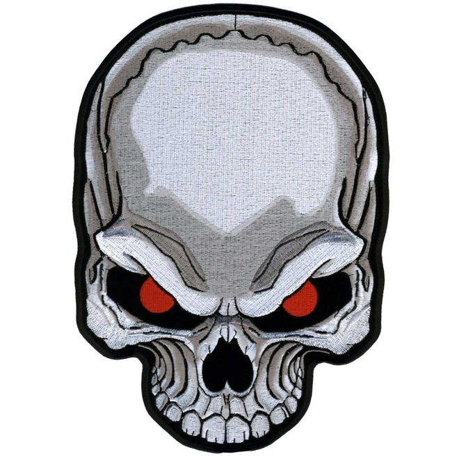 Red Eyes Skull patch by Hot Leathers featuring a bold skull design, measuring 7x10 inches, perfect for motorcycle jackets.
