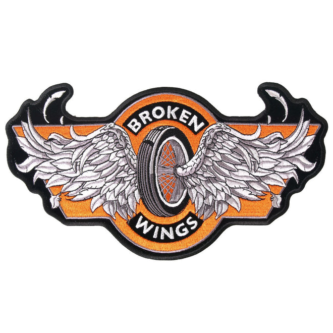 Hot Leathers Broken Wings patch, 4x2 inches, featuring detailed graphic design, ideal for motorcycle jackets and apparel.