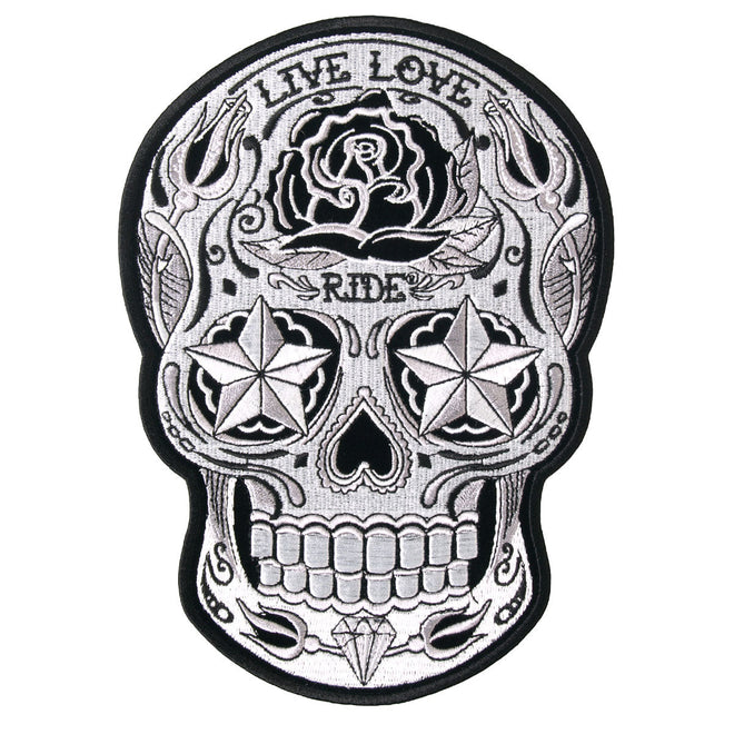Hot Leathers Sugar Skull patch measuring 4x5 inches with detailed embroidered design on black fabric.