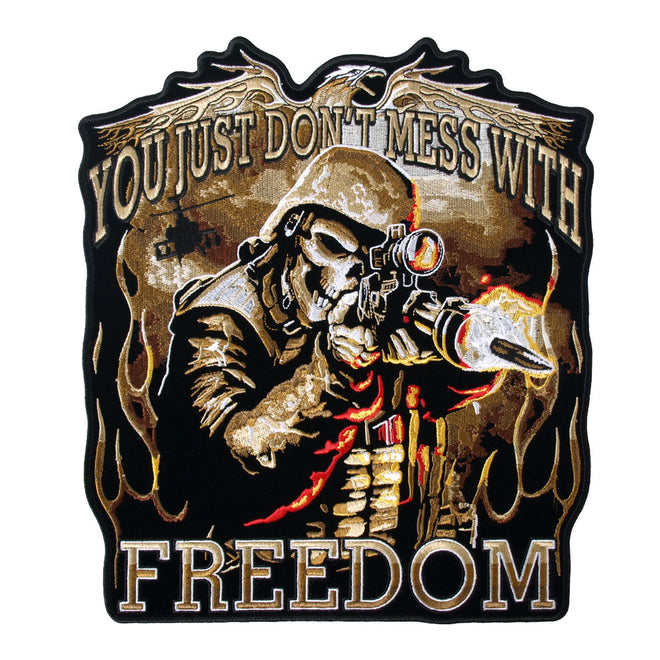 Hot Leathers Skull Soldier patch, 10x11 inches, featuring a detailed skull design on a fabric patch.
