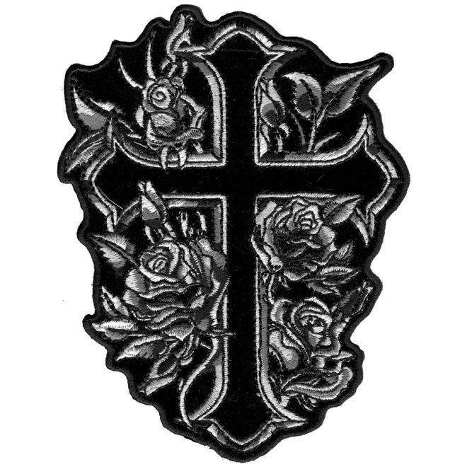 Hot Leathers Cross and Roses patch, 4x5 inches, featuring floral and religious design for motorcycle jackets or apparel.