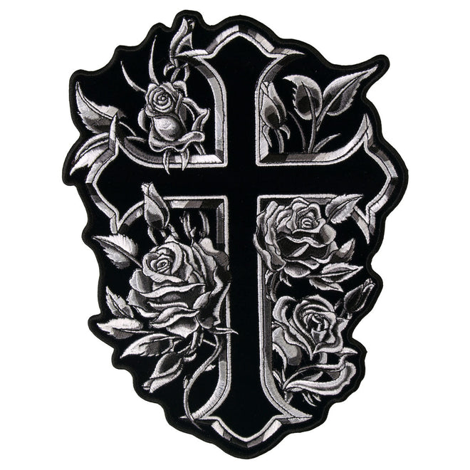 Hot Leathers Cross and Roses patch, 7x9 inches, featuring detailed embroidery of a cross with roses for motorcycle apparel.