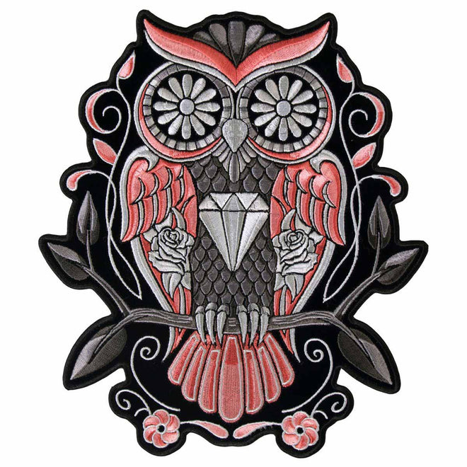 Hot Leathers Sugar Owl patch, 8x9 inches, featuring detailed owl design on fabric patch for clothing or accessories.