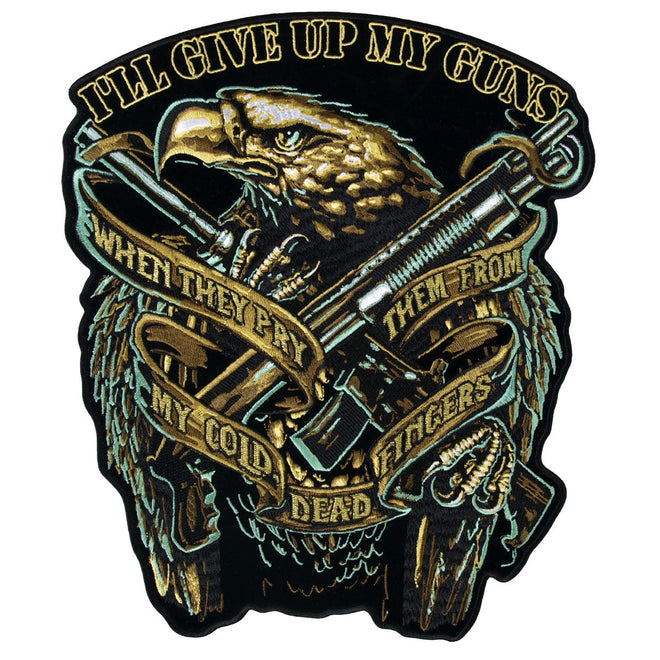 Hot Leathers Eagle Guns patch, 9x11 inch embroidered patch with eagle and guns design, for motorcycle gear or apparel.