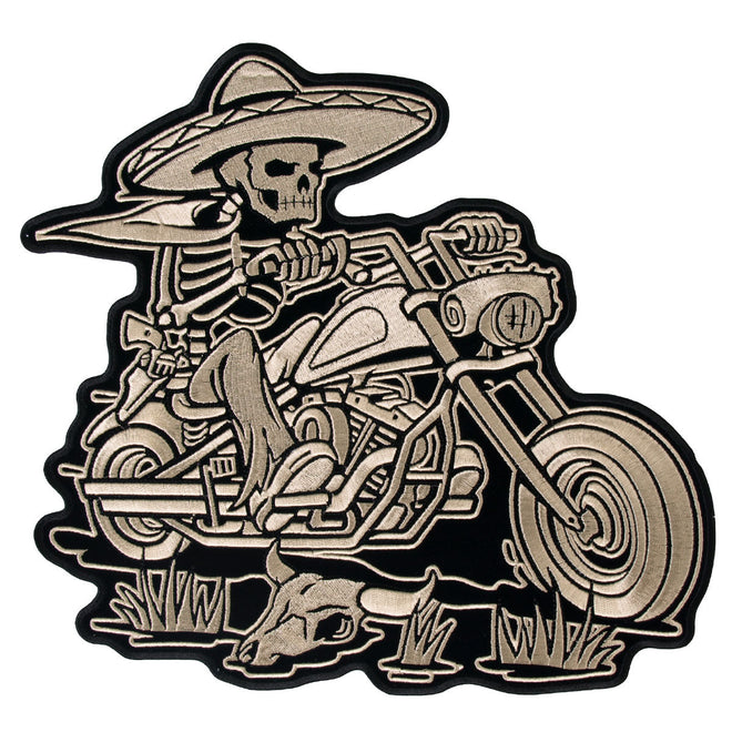 Hot Leathers Skeleton Rider sombrero patch featuring a detailed skeleton wearing a sombrero, perfect for motorcycle gear or jackets.