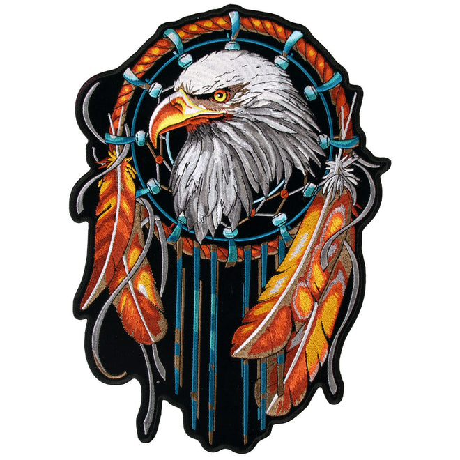 Hot Leathers Eagle Dream Catcher patch, 8x12 inches, featuring detailed eagle and dreamcatcher design on fabric patch.