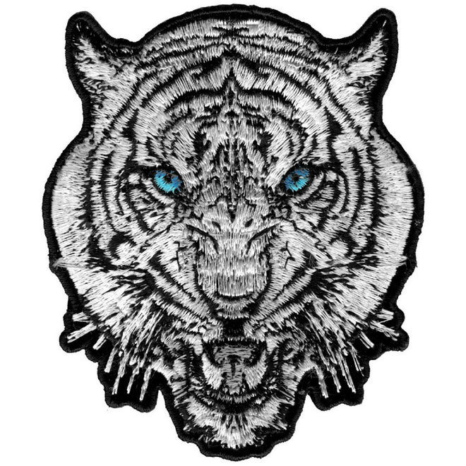 White tiger patch by Hot Leathers with 3x4 inch size, featuring detailed tiger design on fabric patch.